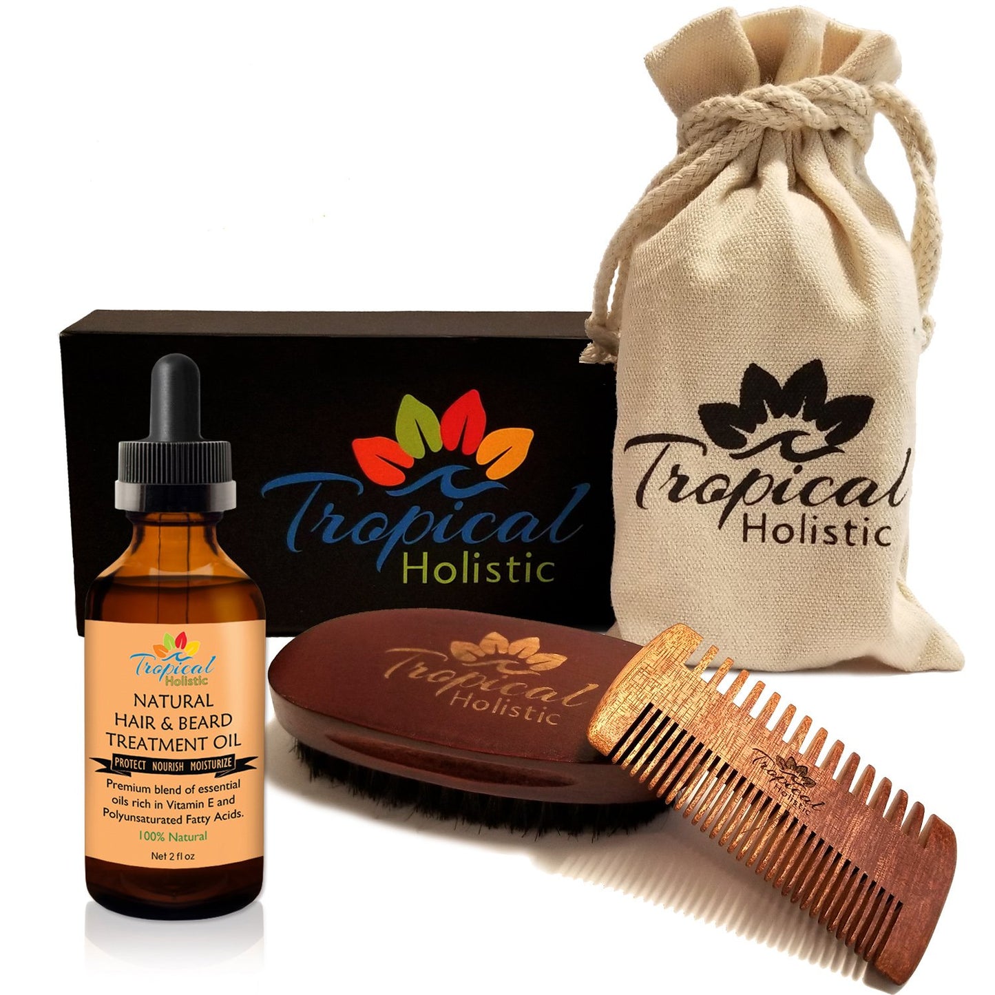 Tropical Holistic Natural Beard Grooming Kit for Men, 3-in-1 Set, Boar Bristle Brush, Handmade Wood Comb, 100% Pure Unscented Hair Treatment Oil 2 oz, Travel Bag