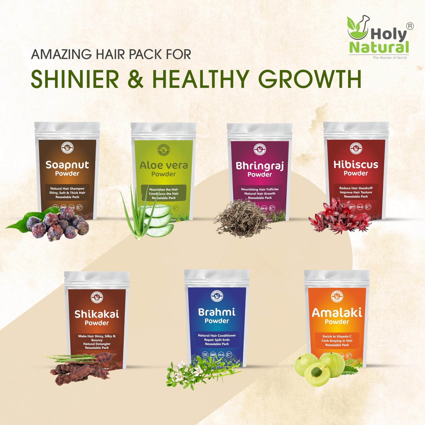 Herbal Powder for Hair Growth| Combo of 7 Herbal Hair Mask | Amalaki, Bhringraj, Brahmi, Soapnut, Shikakai, Aloe vera & Hibiscus (Each 100g) | Resealable pack