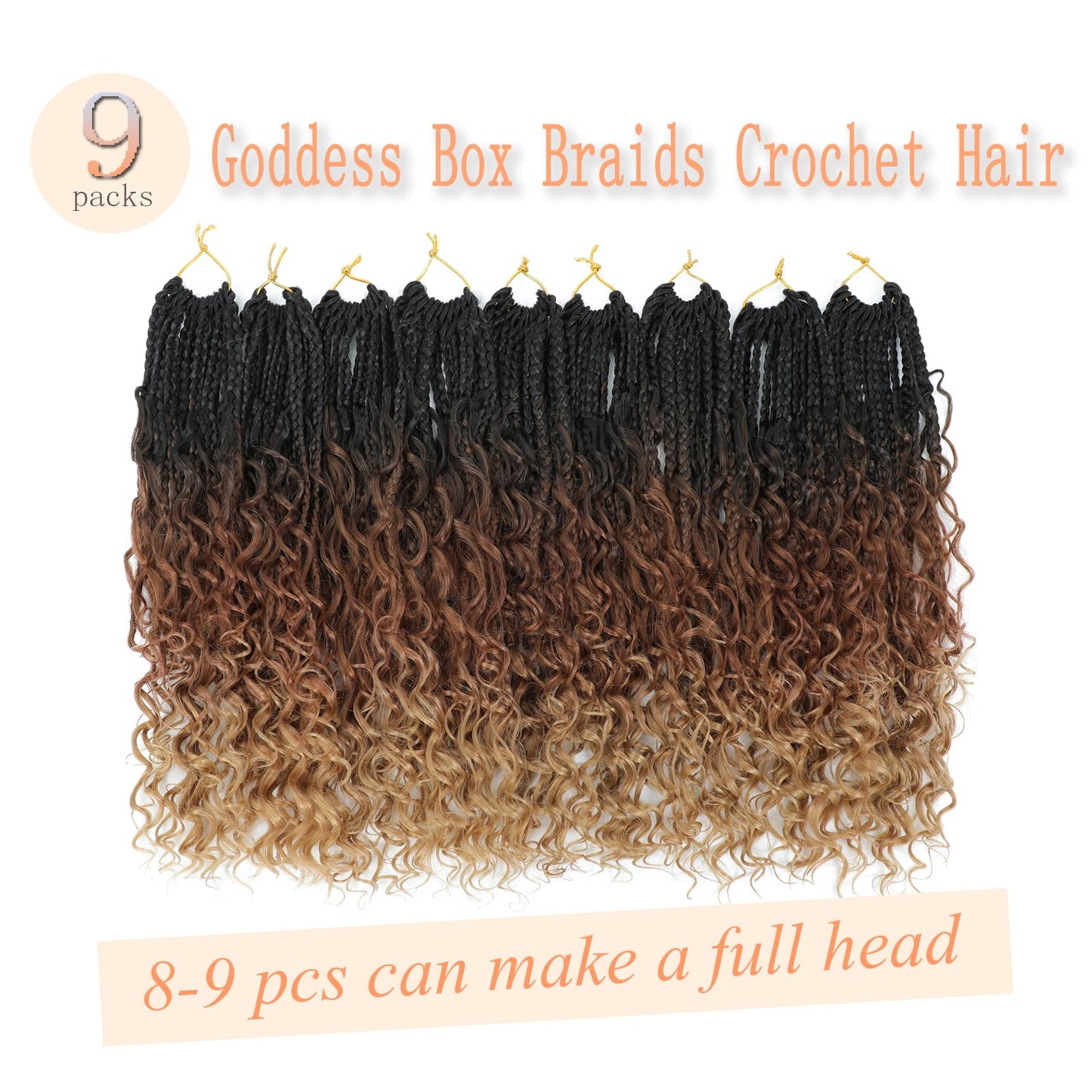 9 Packs Goddess Box Braids Crochet Hair 14 Inch Pre Looped Boho Crochet Braids Box Braids Crochet Hair With Curly Ends Crochet Braids Bohemian Synthetic Hair For Women (14 Inch, 1B/30/27)