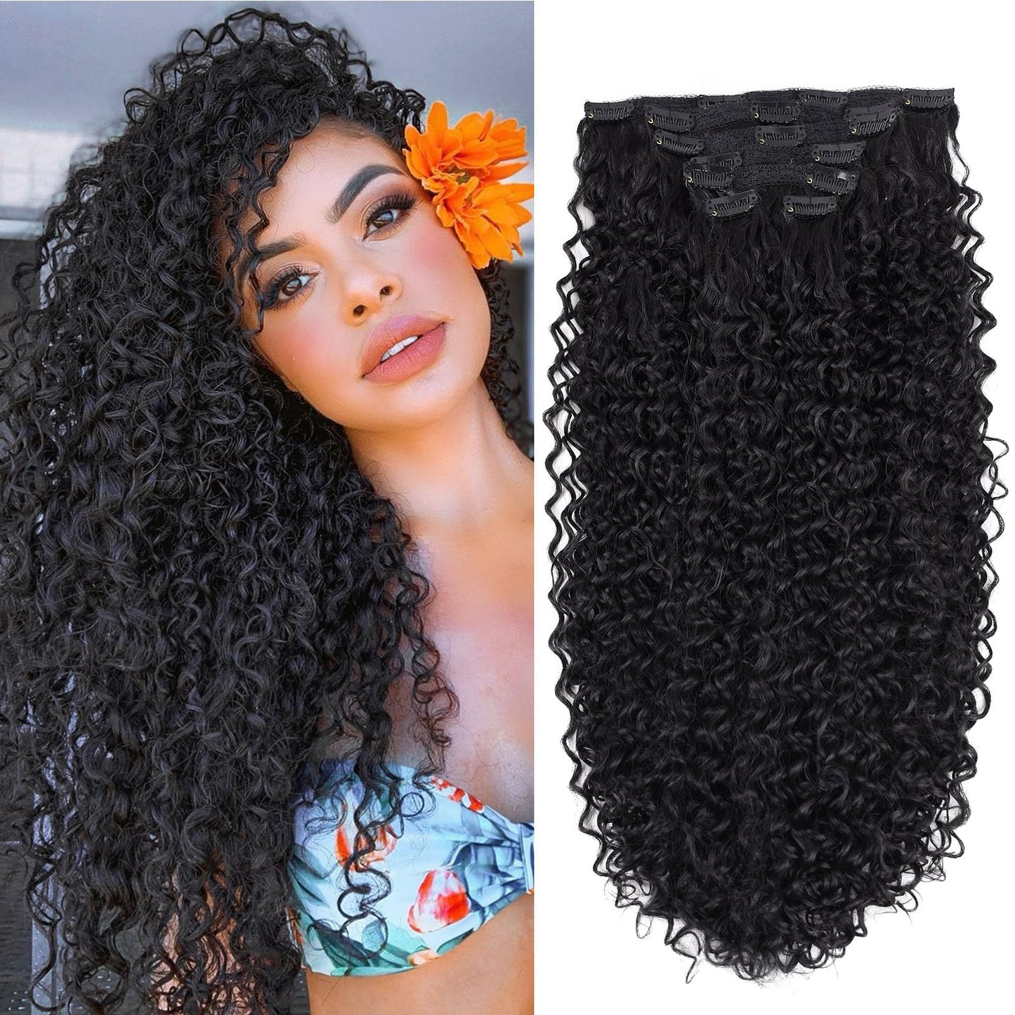 LACE PLUS Clip In Hair Extensions - 140G 7Pcs Synthetic hair Natural Black Clip in Jerry Curly Hair Extensions for Black Women Jerry hair extension Hairpieces (1B# 24 Inch)(Pack of 7)