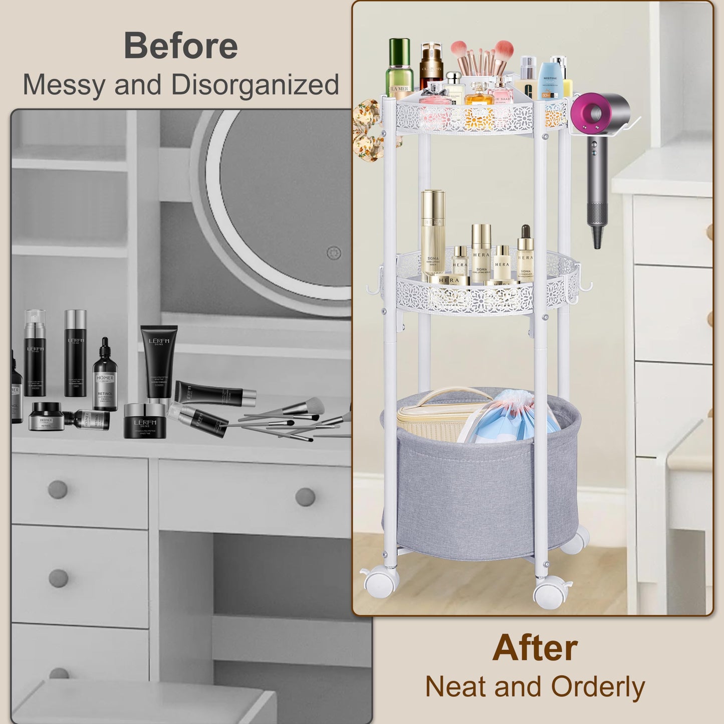 NauwaBarn 3-Tier Round Makeup Cart with Wheels, Rolling Vanity Organizer with Removable Hair Dryer Holder, Small Space Beauty Storage Cart for Skincare, Perfume, Nail Polish & Hair Tools, White
