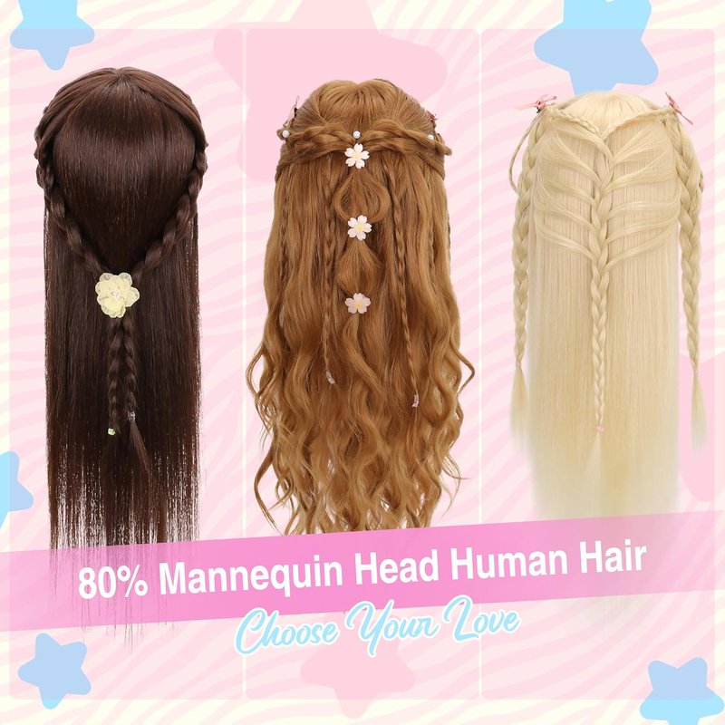 Mannequin Head with 80% Real Human Hair - 26-28" Cosmetology Styling Practice Doll | Includes Clamp Stand & Tools (Blond)