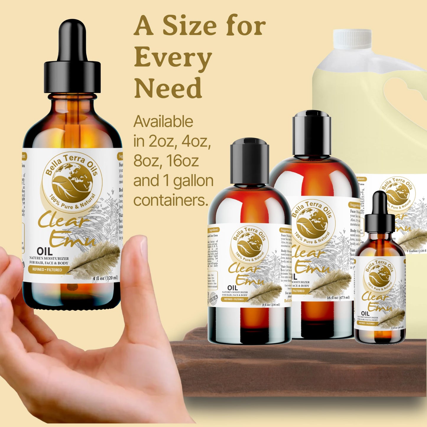 Bella Terra Oils - Clear Emu Oil 16oz - Ultra-Purified & Six-Times Refined, Rich in Omega-9, A Premium Choice for Skin & Hair Hydration