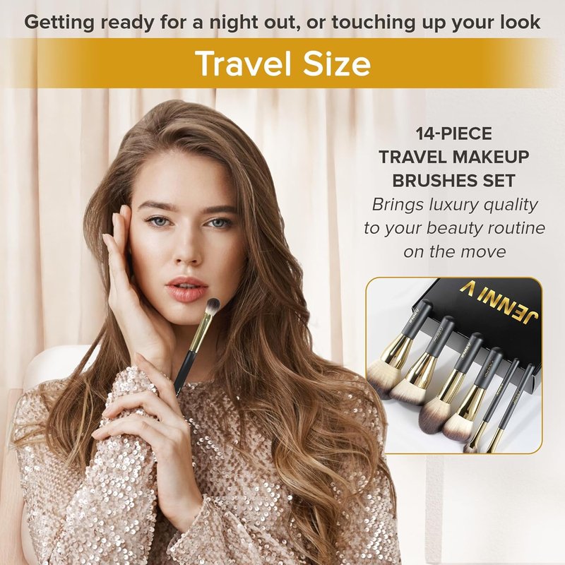 Premium Travel Makeup Brushes Set - 14 Mini Brushes with Handmade Leather Case | Portable Travel Size for Blush & Foundation