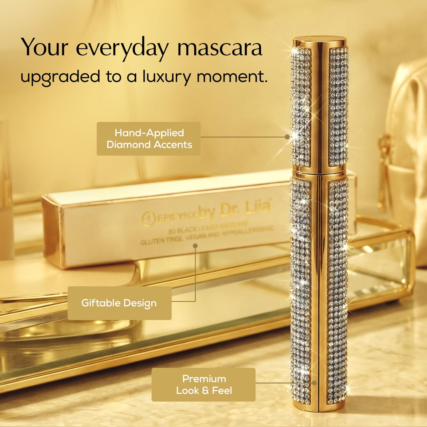 EpiLynx by Dr. Liia Volumizing Vegan Mascara – Lengthening Black Mascara for Bold, Defined Lashes, Smudge-Proof, Waterproof, Gluten-Free, Cruelty & Paraben-Free (Gold Diamond Case)