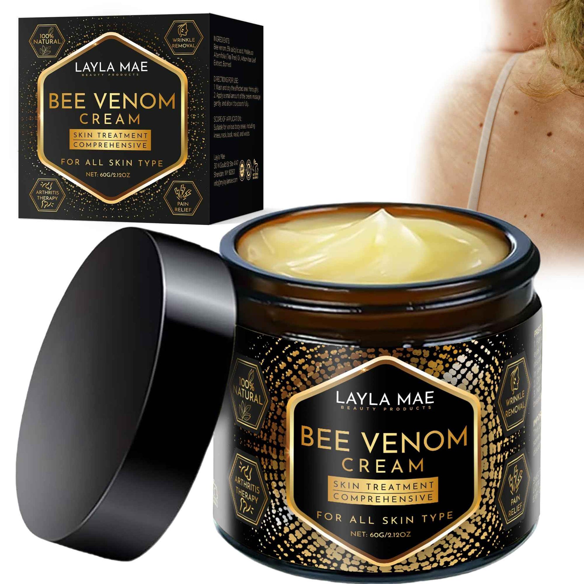 Layla Mae Bee Venom Skin Treatment Cream - Wrinkle Care Face Lift & Firming Muscle & Joint Wellness Body Pain Support Cream - Natural Care for Skin Imperfection