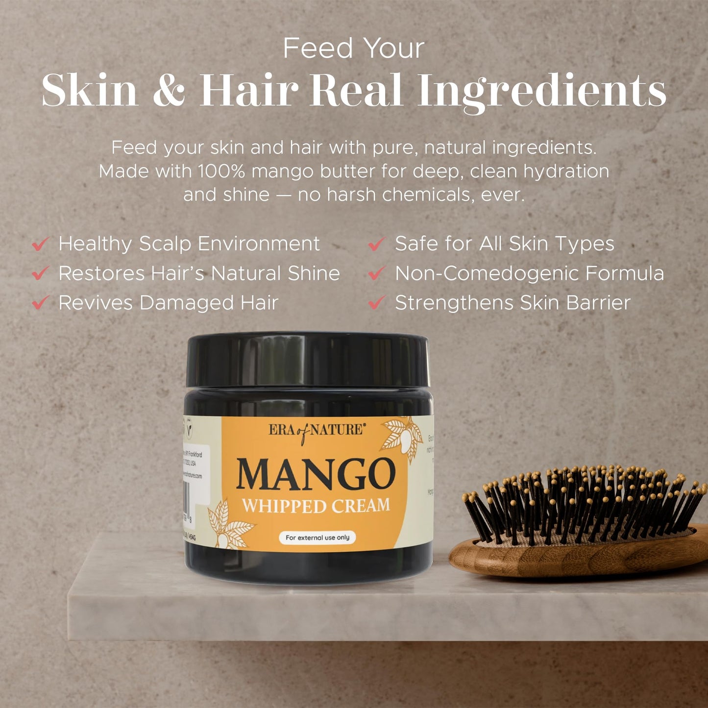 era of nature Mango Whipped Body Cream for Women 16oz - Lightweight Whipped Lotion with Pure Mango - Non-Greasy Body Butter Cream Lotion & Balm Moisturizer for Face, Hair & Dry Skin, Vegan Skincare