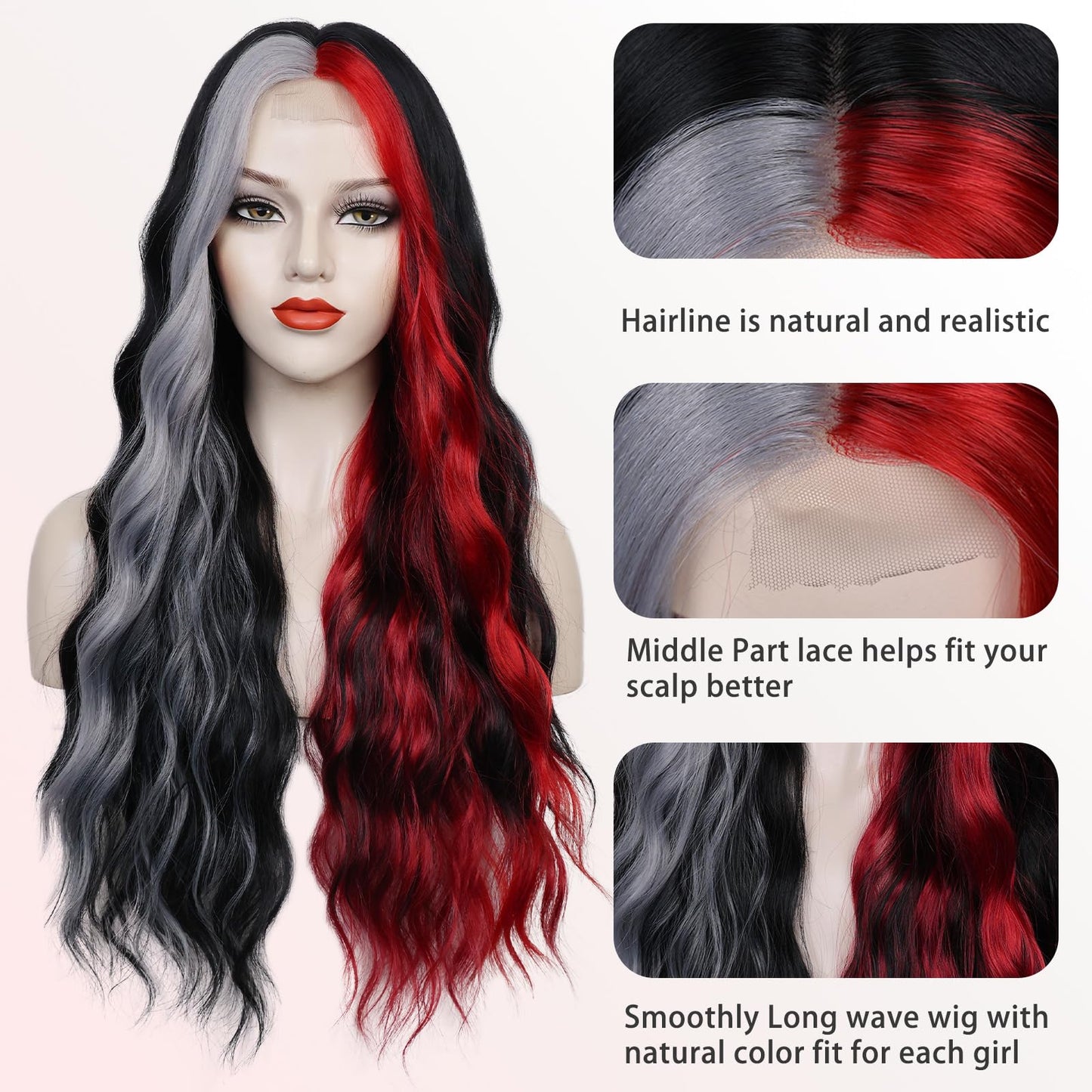 WECAN Black Red Gray Wig 28 Inches Long Black Red Wavy Wigs For Women Synthetic Hair Replacement Wigs Halloween Cosplay Daily Party Heat-Resistant Fiber Wig
