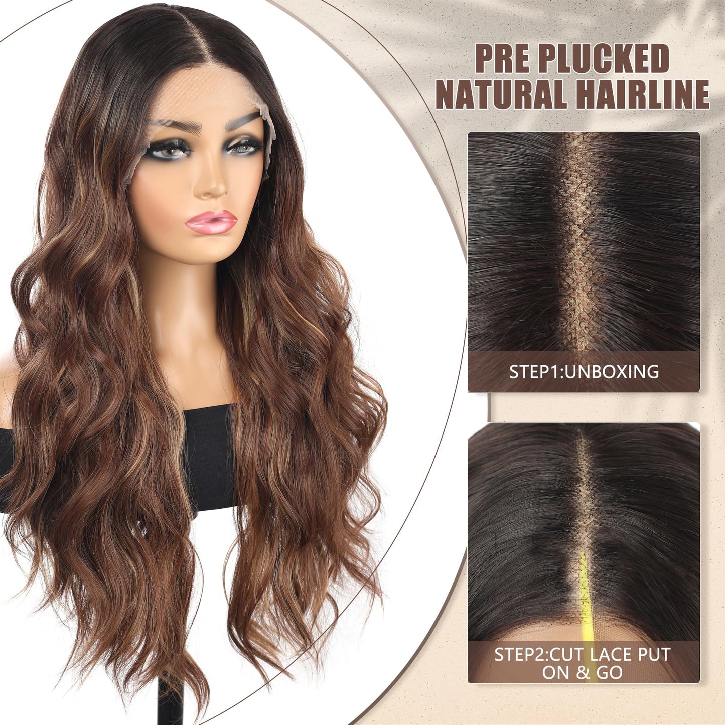 Rallarkrysset Lace Front Wig Balayage Pre Plucked Ombre Brown Highlight 13x4x1 Wigs for Women Ready to Wear HD Glueless Natural Long Wavy Wig for Women Middle Part Soft as Human Hair
