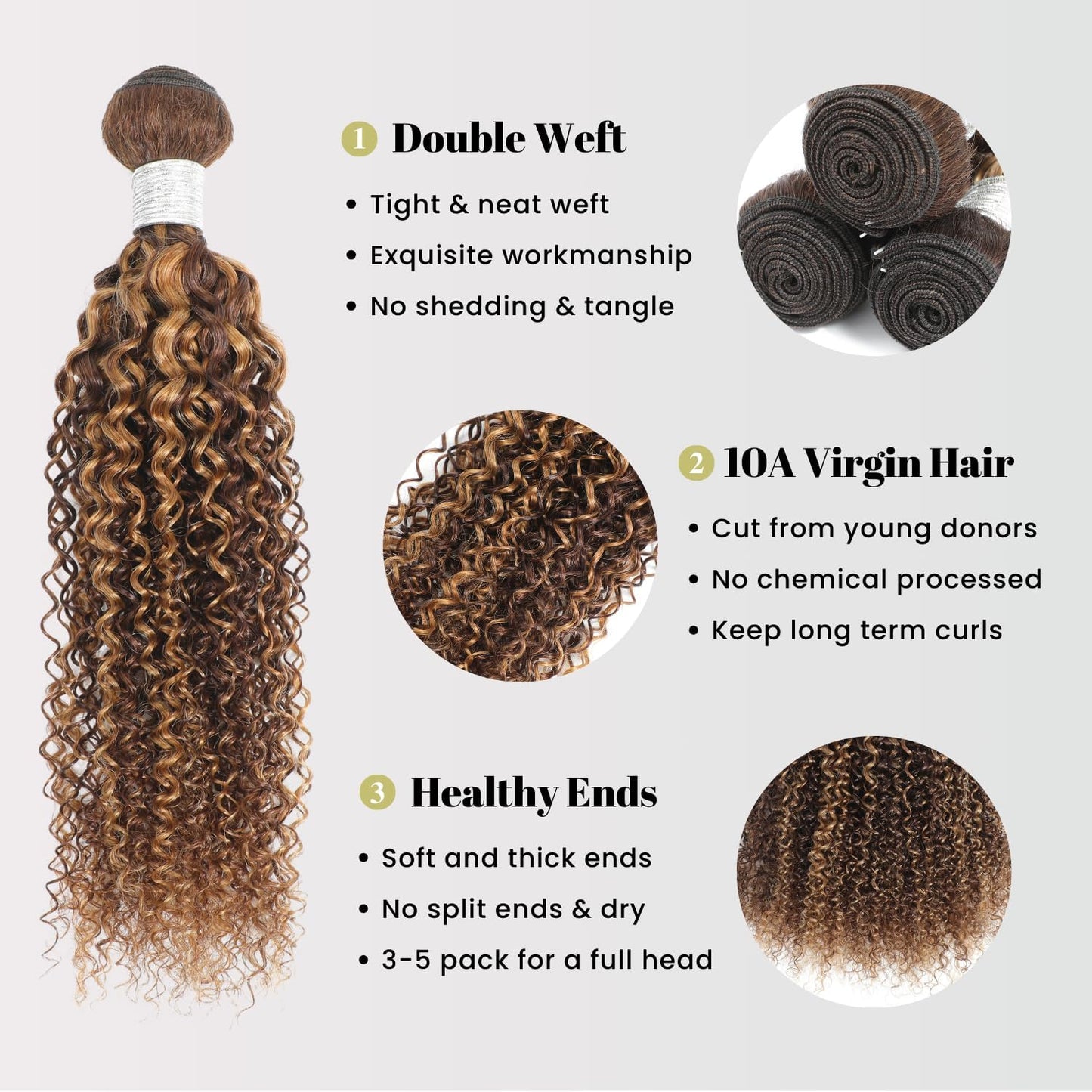 AUROO #P4/27 Highlighted Kinky Curly Single Bundles Human Hair 12Inch, 12A 100% Virgin Honey Blonde Highlight Brazilian Tight Curly Bundles Thick Track Brazilian Ombre Brown Colored Weaves Sew In Remy