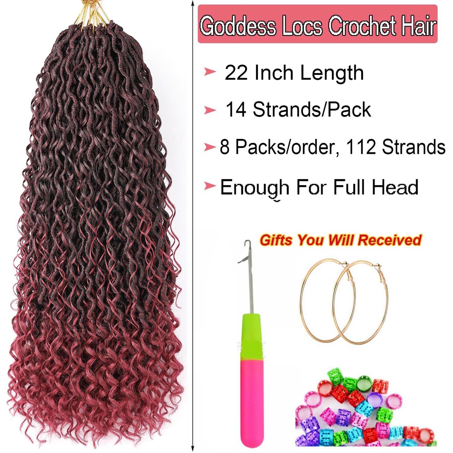 Ombre Burgundy Red Boho Goddess Locs Crochet Hair - 22 Inch, 8 Packs Synthetic Faux Locs with Curly Ends