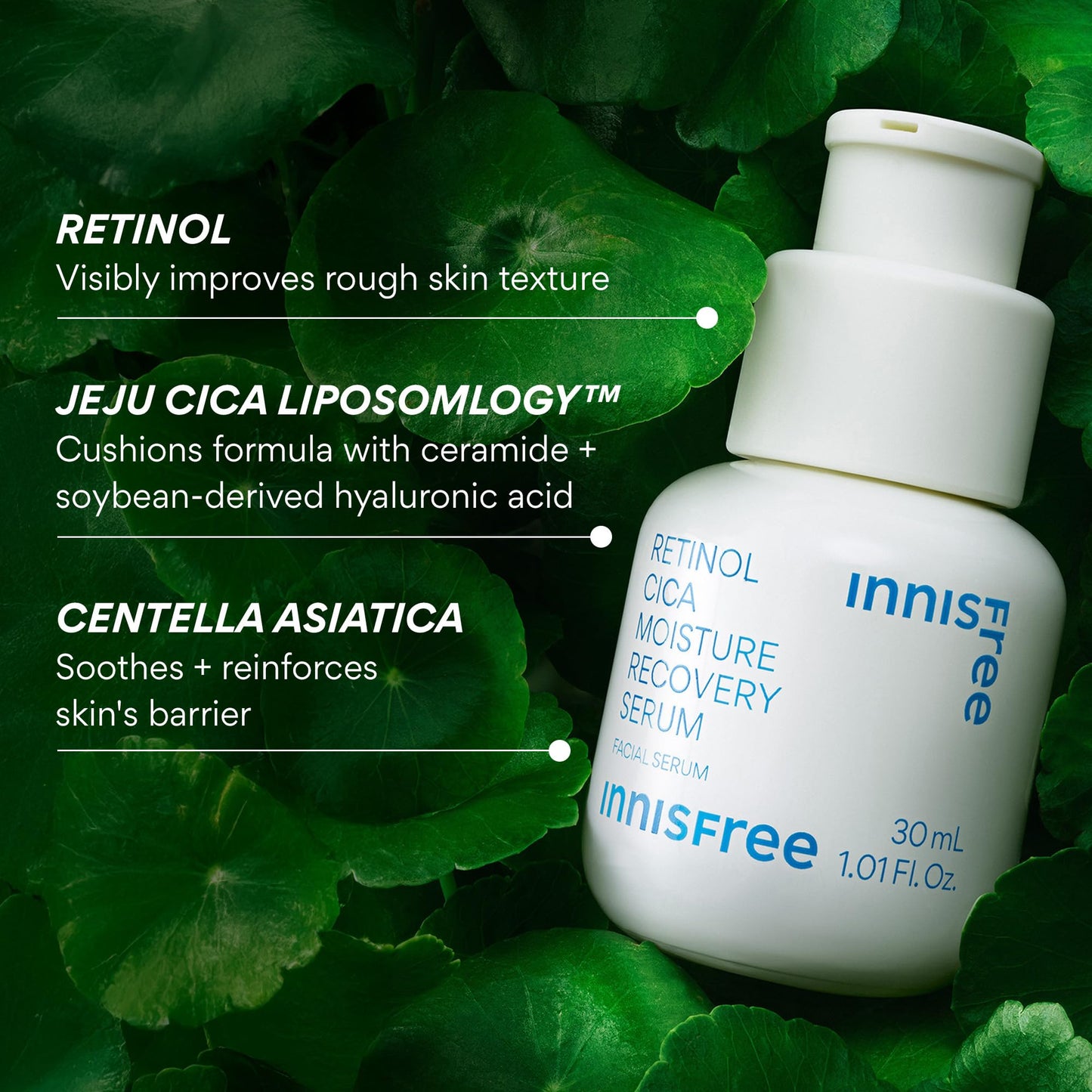 innisfree Retinol Cica Serum with Salicylic Acid | Korean Moisture Recovery Treatment with Hyaluronic Acid for Hydrating Face Care | Suitable for Beginners and Acne-Prone Skin