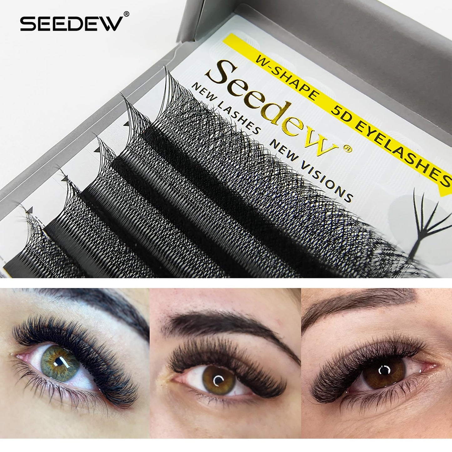SEEDEW 5D Lash Extensions, 0.07mm C Curl 13mm 12 Rows/Tray, W Shape Flat Stem, Korean PBT Volume False Eyelashes Grafting for Beginner Artist, Lash Tech, Beauty Salon(5D-Matte Black-0.07-C-13mm)