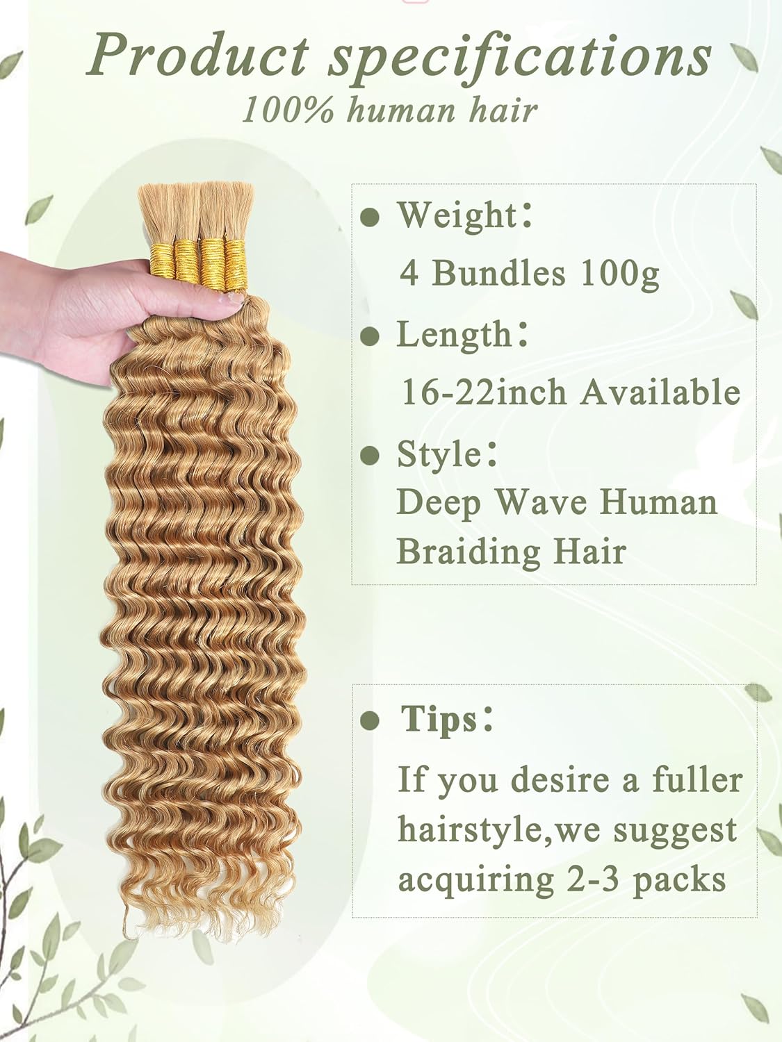 Blonde Human Braiding Hair - 18 Inch Deep Wave Boho Braids | 100g 4 Bundles, No Weft, Color 27