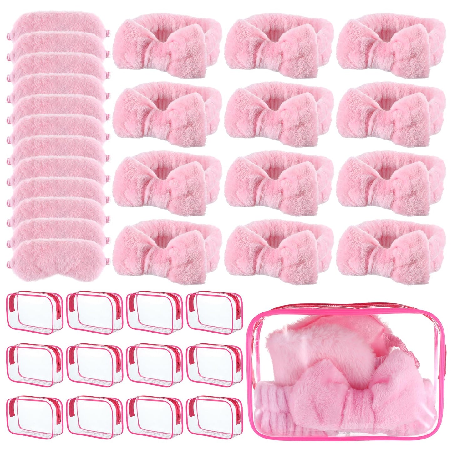 Yuanan 36 Pcs Spa Headband Sleep Eye Mask and Clear Cosmetic Bags, Pink Girls Sleepover Party Supplies for Christmas Spa Bachelorette Birthday Slumber Party