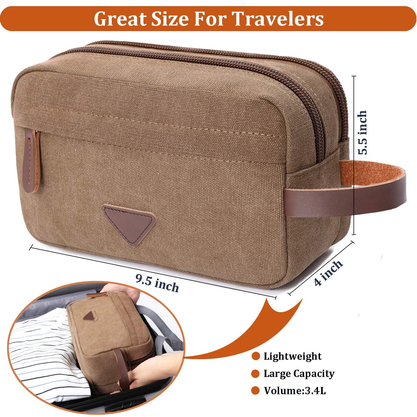 Mactso Men's Toiletry Bag, Vintage Canvas Leather Travel Dopp Kit with 2 Compartments, Heavy Duty Zipper, 9.5x5.5x4 Inch Retro Shaving Makeup Organizer for Business Travel Gym Camping (Coffee)