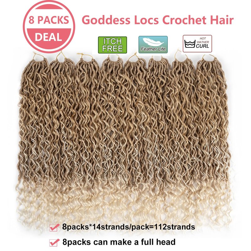 Ahrencan Boho Goddess Locs Crochet Hair 22 Inch, 8 Packs Two Tone Crochet Goddess Locs With Curly Ends,Trendy Faux Locs Crochet Hair For Women Human Hair Crotchet Braids(22in,(pack of 8),T27/613#)