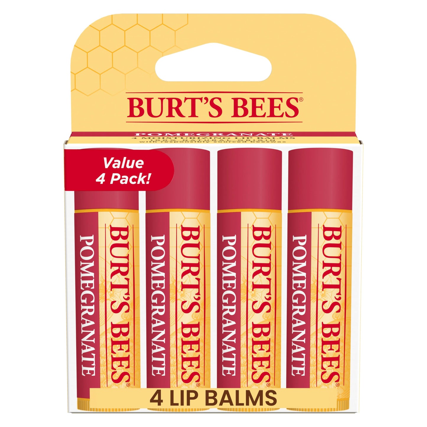 Burt's Bees Lip Balm, Pomegranate, Lip Moisturizer With Responsibly Sourced Beeswax, Tint-Free, Natural Origin Conditioning Treatment, 0.15 oz., Four Tubes