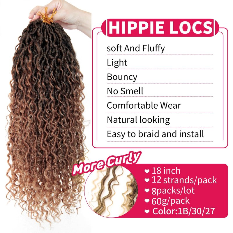 Goddess Locs Crochet Hair 18Inch 8Packs Crochet Locs,Boho Faux Locs With Curly Ends River Hippie Locs Bohemian Locs Crochet Braids(1B/30/27, 18inch(Pack of 8))