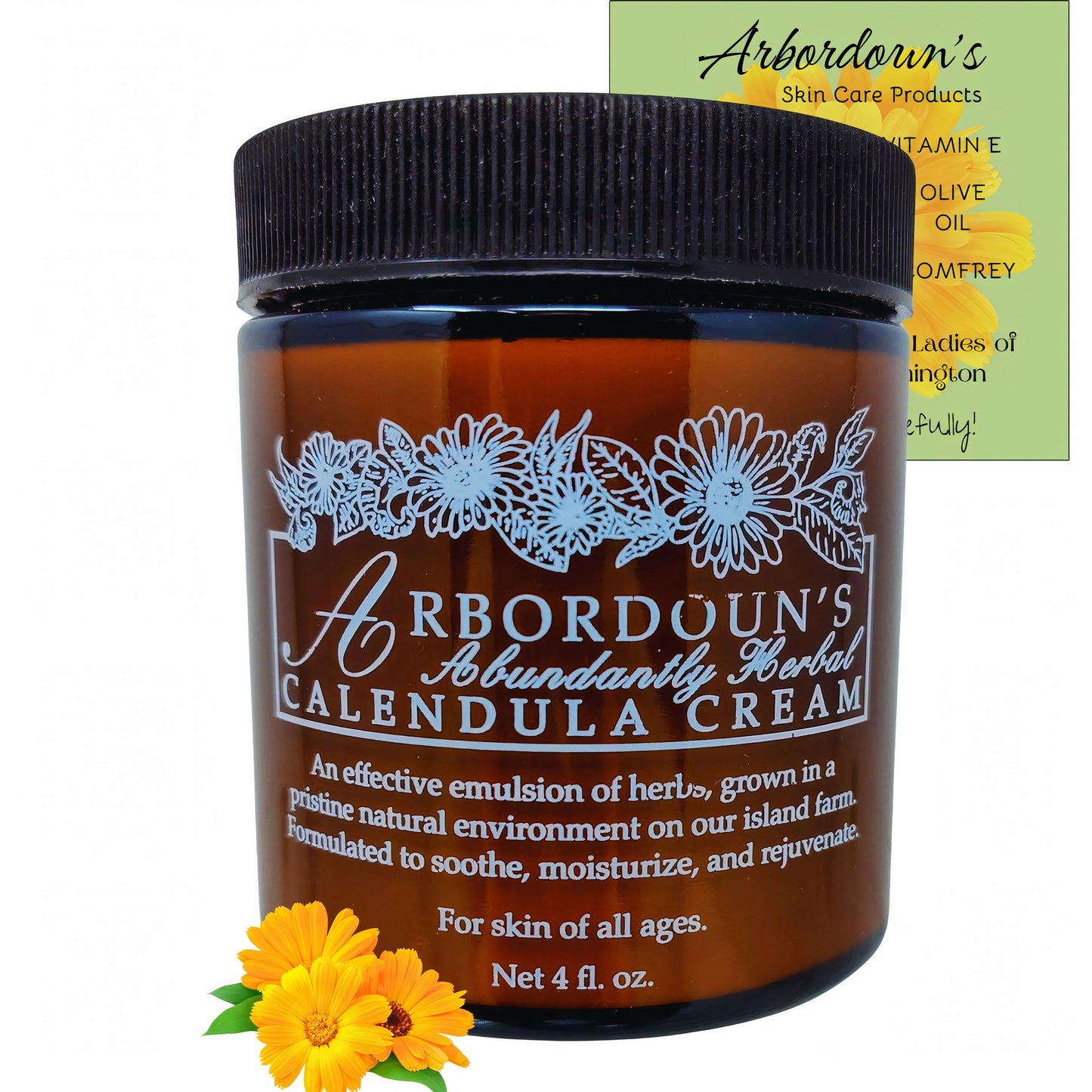 "Calendula Cream 4oz Amber Jar Contains Comfrey, Oregon Grape, Aloe, Beeswax. Tattoo Aftercare Kit Essential. Soothing Eczema Salve. Home Grown and Hand Poured Since 1984 Arbordoun Ingredients Insert"
