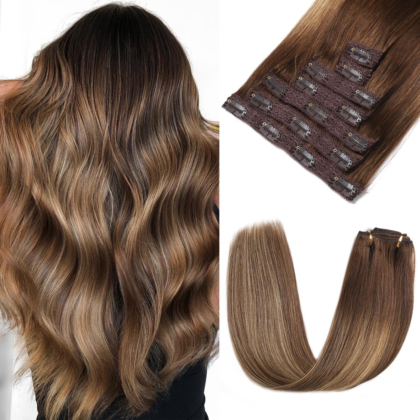 Rimoss Clip in Hair Extensions Real Human Hair - 14 Inch 7pcs, Ombre Chocolate Brown to Caramel Blonde Balayage Color - Soft Human Hair Clip in Extensions Straight for Women