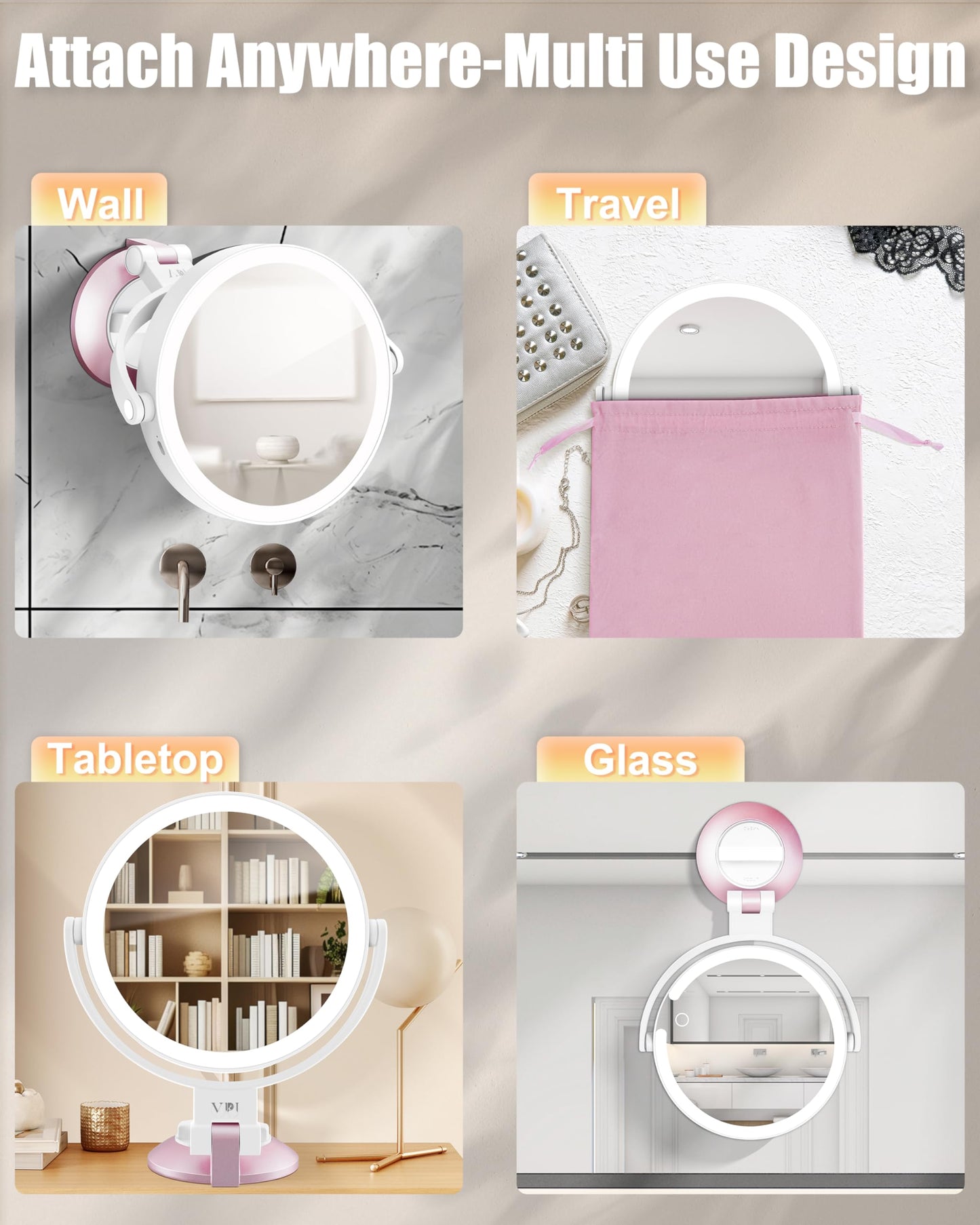 vpu 15X/1X Wall Mounted Magnifying Makeup Mirror with Power Suction Cup, Rechargeable Double Sided Regular HD/Magnification 3 Color Modes Adjustable Brightness Mirror with Lights for Bathroom, Travel
