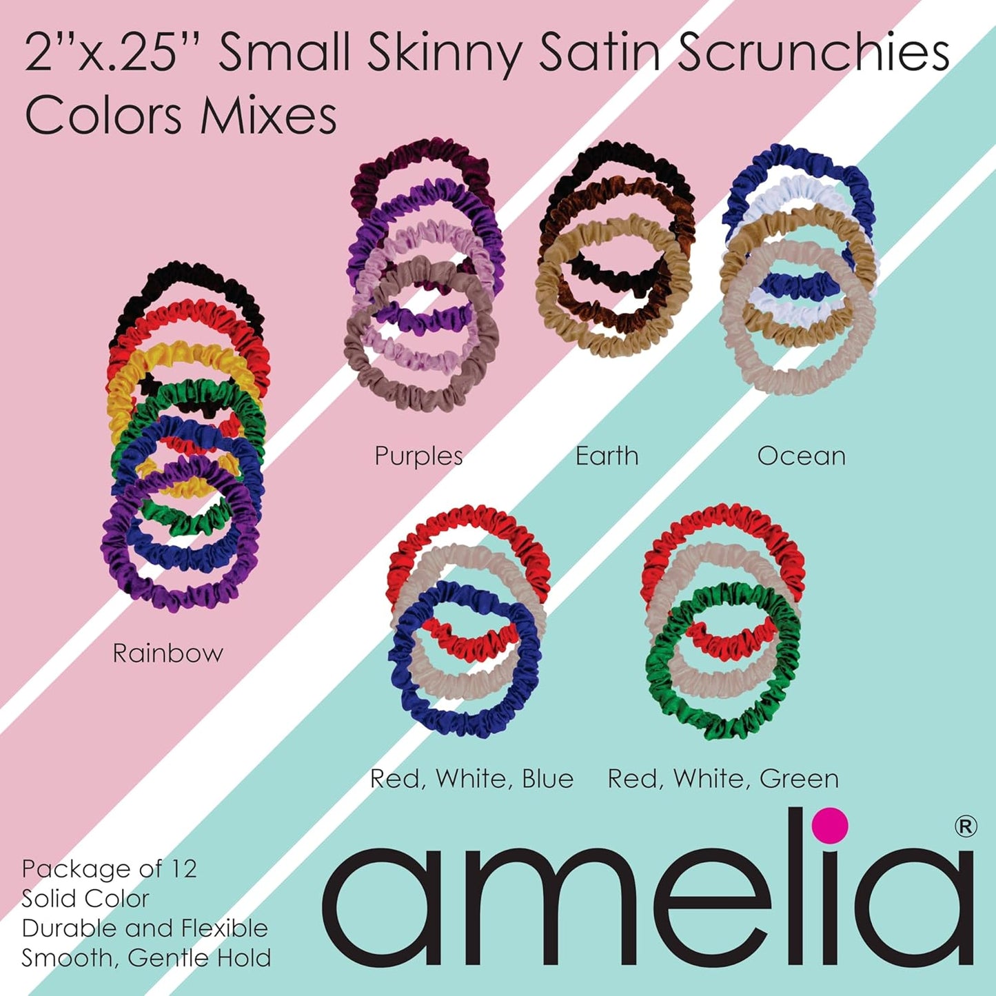 Amelia Beauty, Black, Skinny Satin Scrunchies, 12 Pack – 2in Diameter, Gentle & Strong Hold, No-Snag, No-Dent, Crease-Free Hair Ties