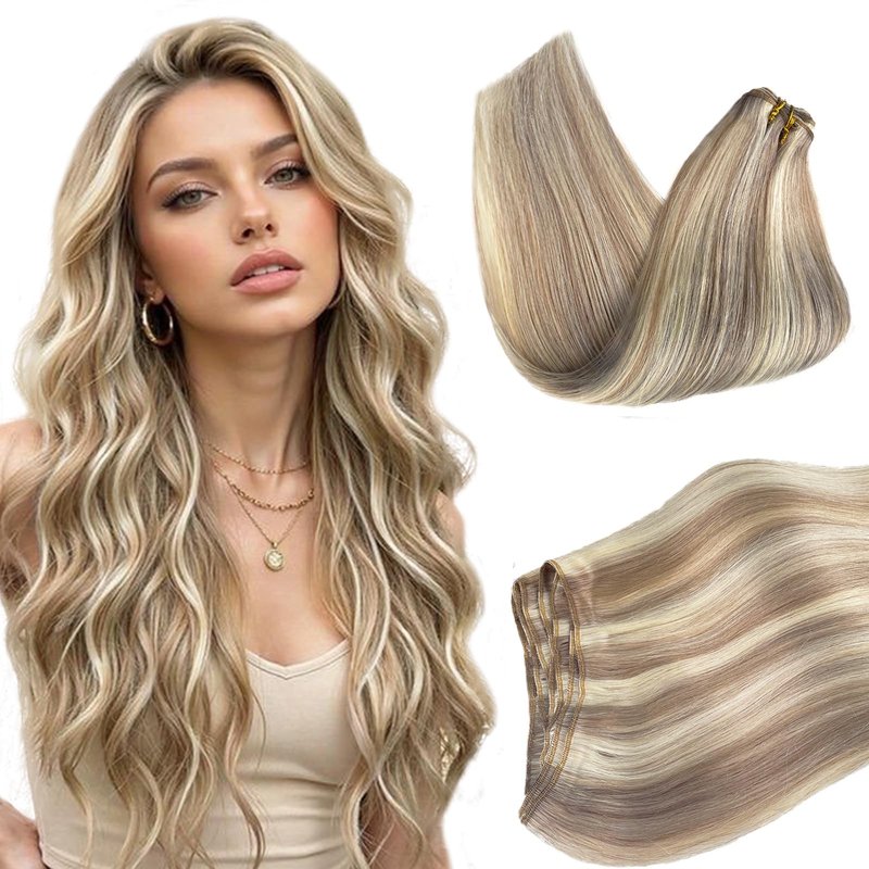 Sew in Hair Extensions Real Human Hair, Ombre Brown to Platinum Blonde Highlighted Weft Hair Extensions Human Hair 80G Double Weft Hand Tied Human Hair Extensions Sew in Bundles 16 Inch
