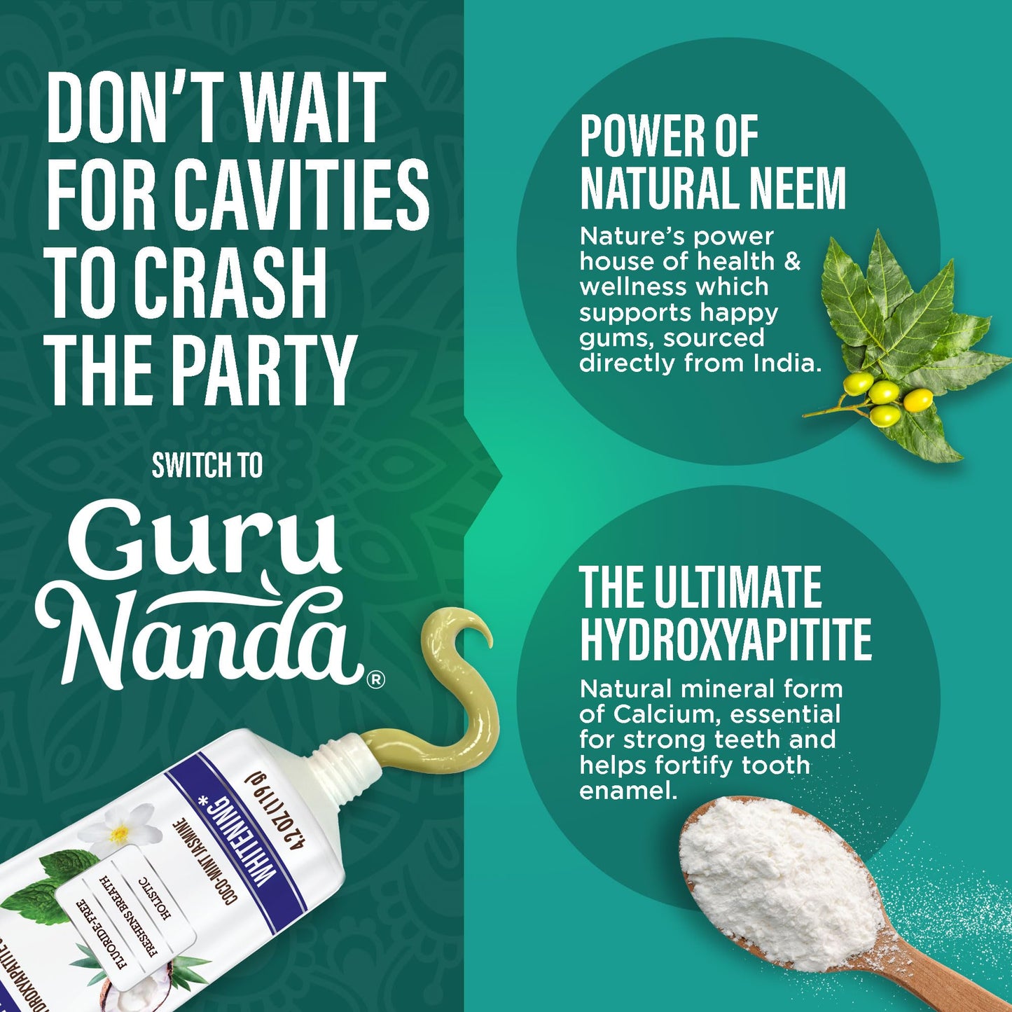 GuruNanda Hydroxyapatite Toothpaste for Whitening with Neem & Xylitol, SLS & Fluoride Free Formula with Tongue Scraper & Squeezer - Freshens Breath, Fights Plaque - Natural CocoMint Jasmine, 4.2oz