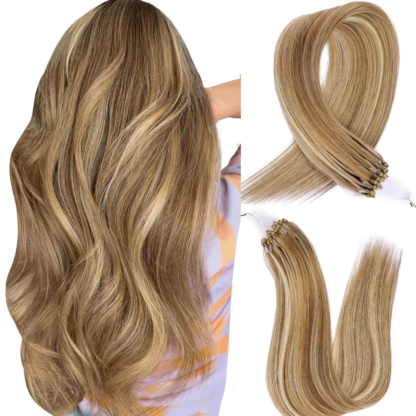 Microlink Hair Extensions - Human Hair 18 Inch D7/60 Blonde Brown | Soft, Glossy, Durable Microbead Loops