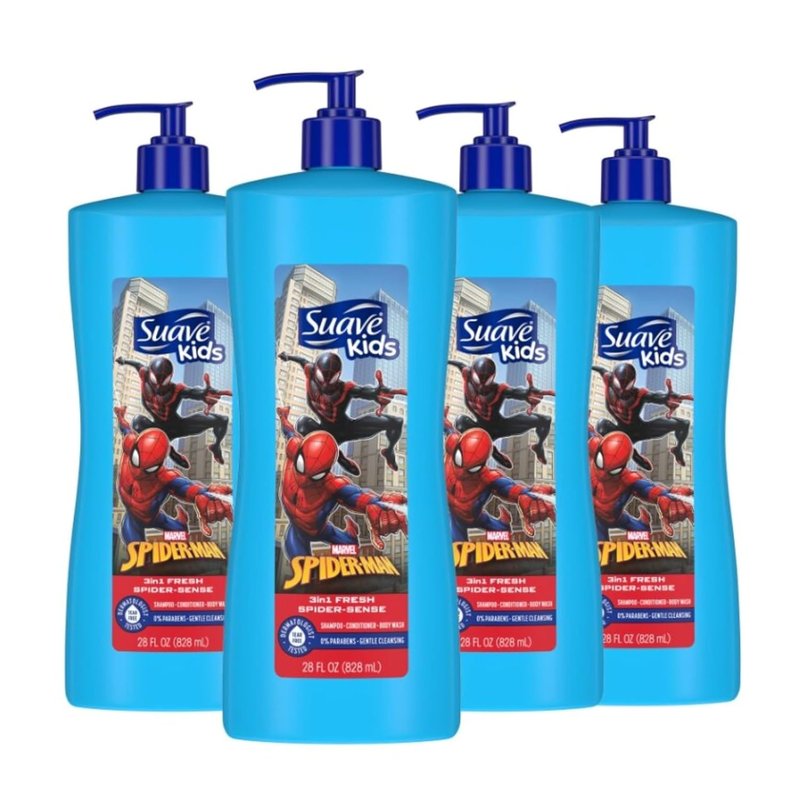 Suave Kids 3-in-1 Shampoo, Conditioner & Body Wash - Tear-Free Formula | Fresh Spider-Sense, 28 oz, Pack of 4
