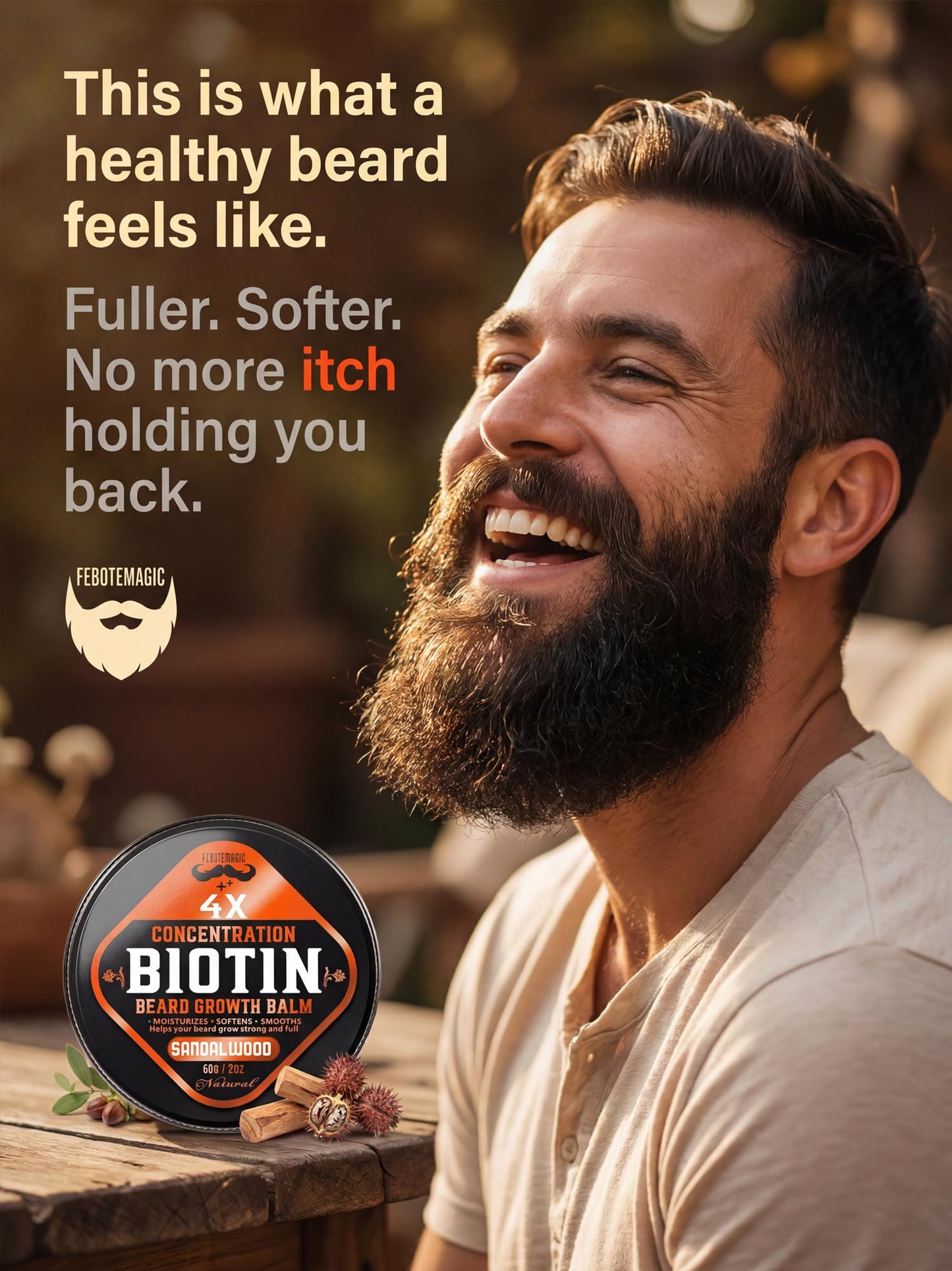 FEBOTE Biotin Beard Growth Balm for Men – Conditioning Balm with Castor, Shea & Jojoba Oils to Condition, Soften & Thicken Facial Hair – Non-Greasy, Sandalwood Scent – 2 oz Grooming Kit