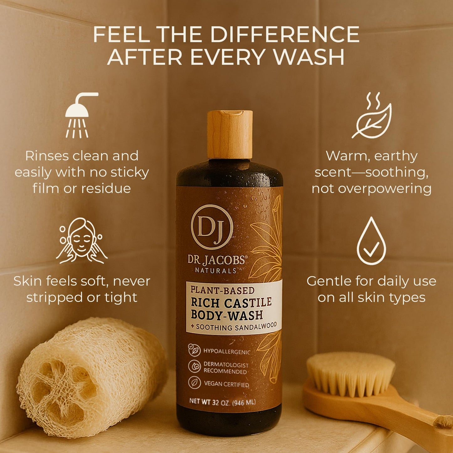 Dr. Jacobs Naturals Pure Castile Soap Liquid Body Wash, Sandalwood - Plant Based Soap Infused with Vitamin E and Aloe Vera to Moisturize Dry and Sensitive Skin - Made in the USA - 32 oz, Pack of 2