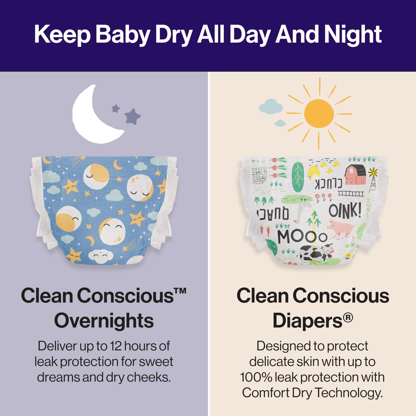 The Honest Company Comfort Dry Overnight Diapers, Up to 12 Hours Protection, Hypoallergenic, Cozy Cloud + Star Signs, Club Box Size 4 (22–37 lbs), 48 Count