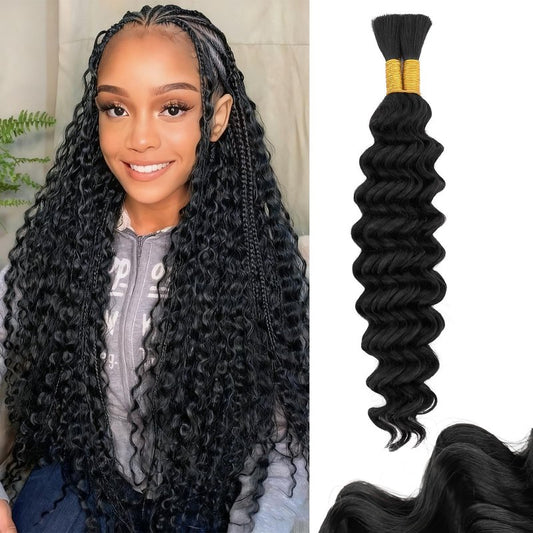 S-noilite Human Braiding Hair for Boho Braids 100% Unprocessed Brazilian Virgin Bulk Hair 2 Bundles/Pack 100 16 Inch Deep Wave Bundles Human Hair for Bohemian Knotless Braids No Weft #1B