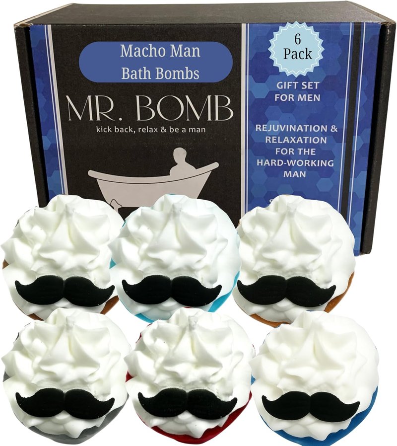 Mr. Bomb Mustache Dude Bath Bombs - Relaxing Masculine Scents for Men | 6-Pack Gift Set