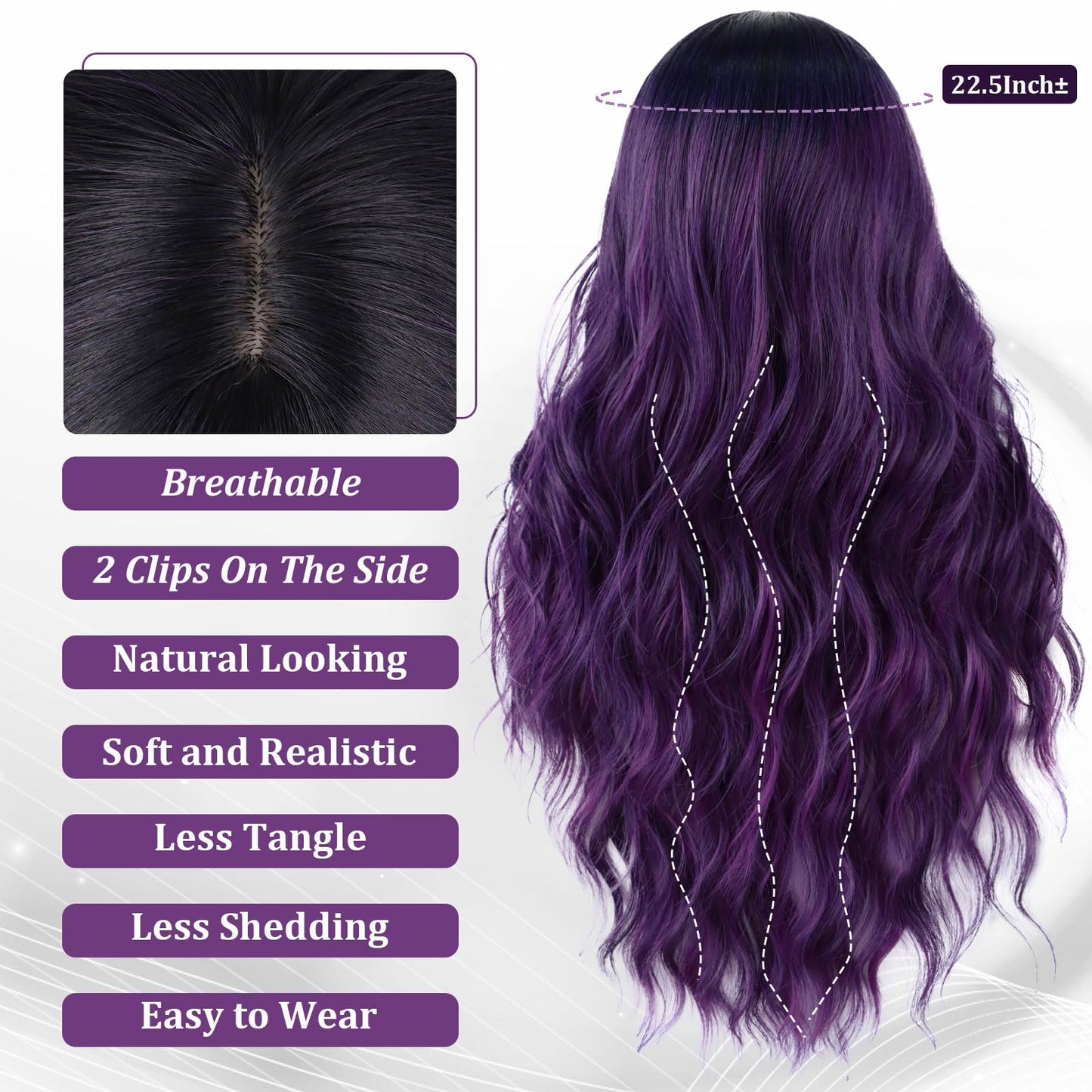 Wallden Hair Purple Wigs with Bangs Long Curly Wavy Women's Wig Ombre Heat Resistant Synthetic Bangs Wig for Daily Party Use(Ombre Purple, 26 Inches)