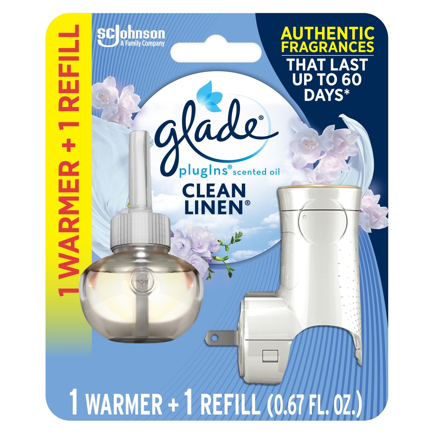 Glade PlugIns Refills Air Freshener Starter Kit, Scented Oil for Home and Bathroom, Clean Linen, 0.67 Fl Oz, 1 Warmer + 1 Refill
