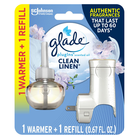 Glade PlugIns Refills Air Freshener Starter Kit, Scented Oil for Home and Bathroom, Clean Linen, 0.67 Fl Oz, 1 Warmer + 1 Refill