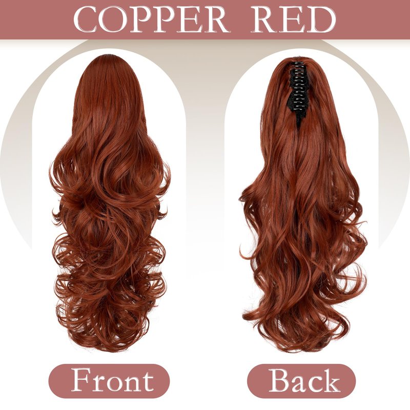 FELENDY Ponytail Extension Claw 18" Copper Red Curly Wavy Clip in Hairpiece One Piece A Jaw Long Pony Tails for Women