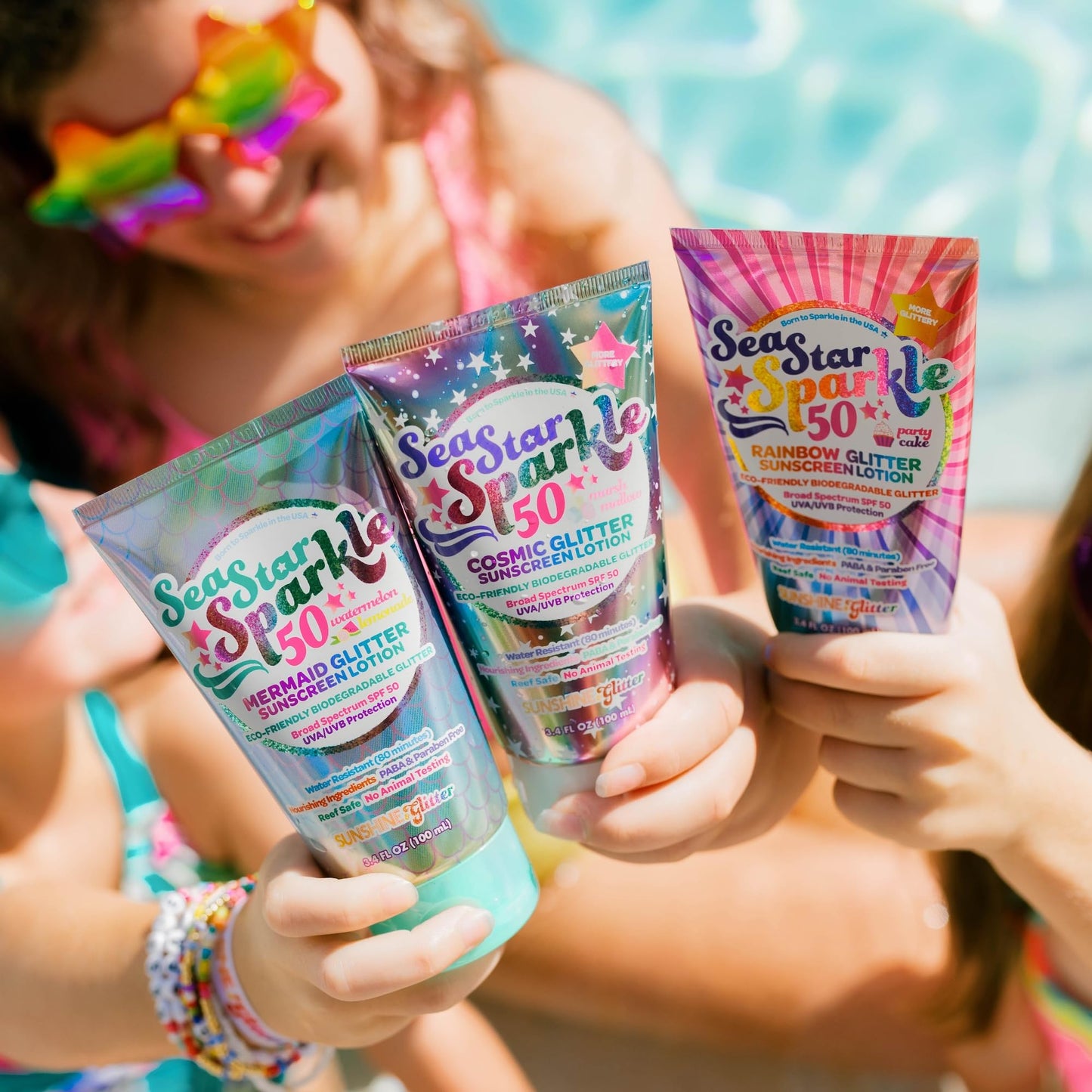 Sea Star Sparkle | Party Cake | Biodegradable Glitter Sunscreen SPF 50 for Kids | Rainbow | Broad Spectrum UVA/UVB | Water Resistant | Beach & Pool FUN SPF | Made in USA | Sunshine & Glitter