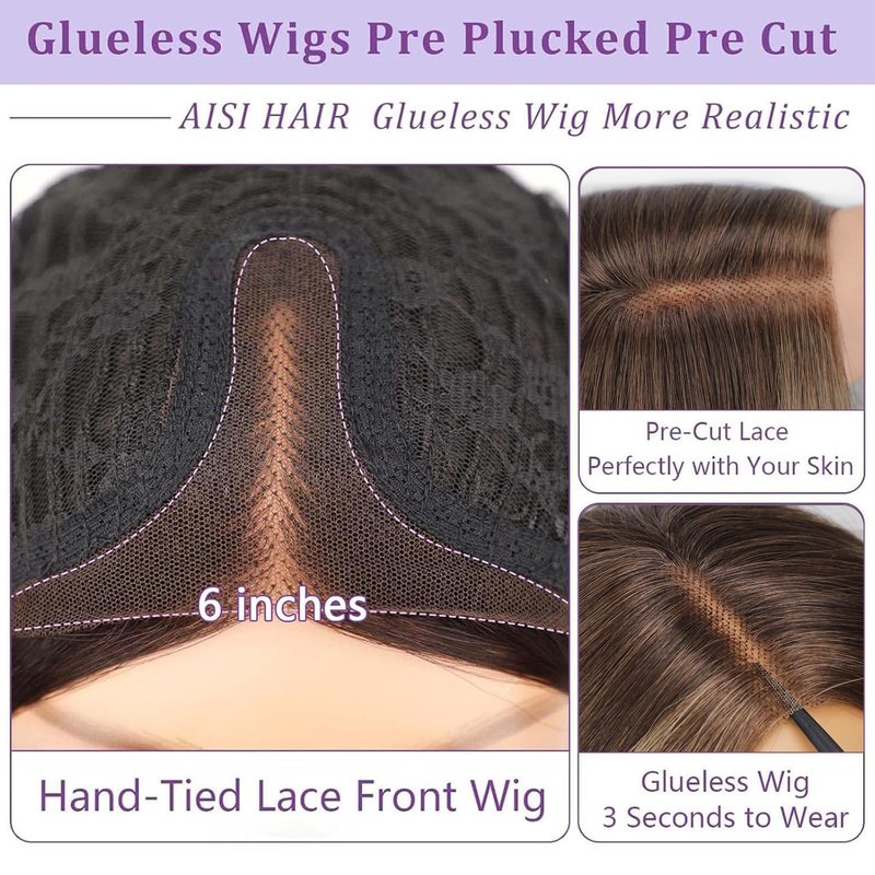 AISI HAIR 14 Inch Ombre Blonde Wigs for Women - Shoulder Length Wave Wig with Pre-Cut Lace Hairline, Middle Part Natural Wavy Bob Synthetic Heat Resistant Fiber for Daily and Party