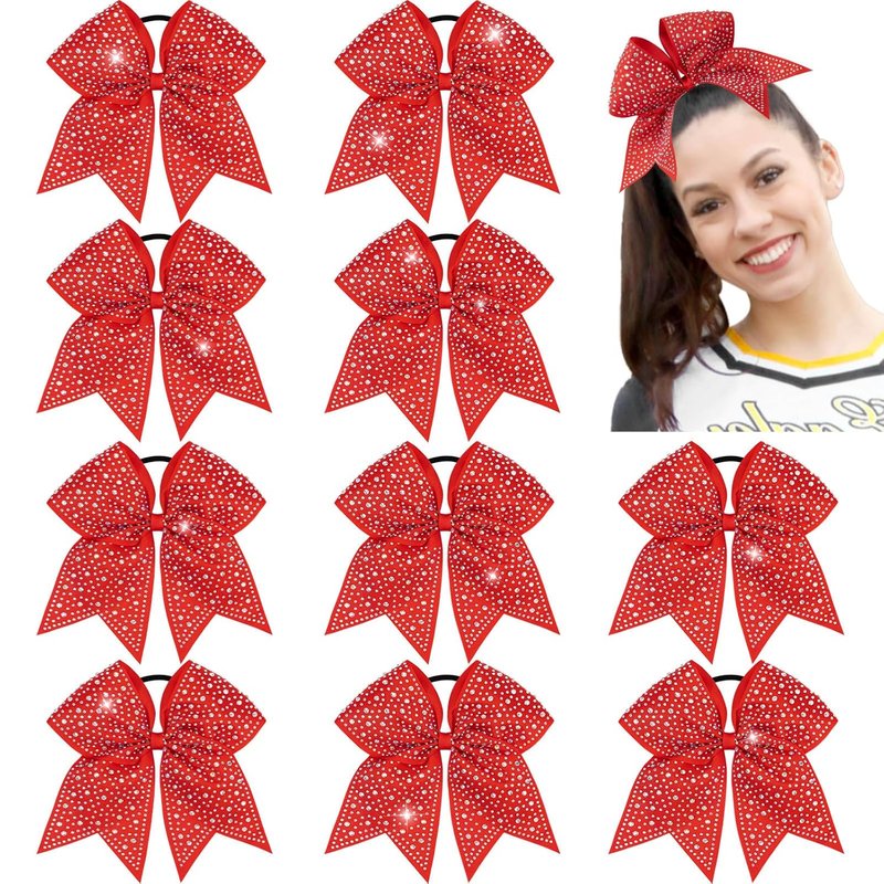Rhinestone Cheer Bows - 10PCS Red Glitter Hair Bows for Girls | Large Elastic Ponytail Holders for Cheerleading & School Spirit