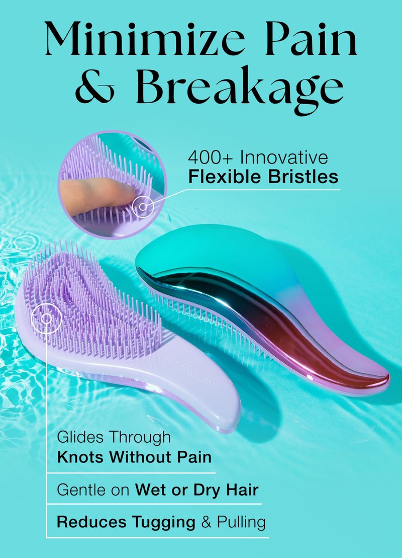 Lily England Detangler Hair Brush for Curly, Thick, Straight & Natural Hair - Gentle Detangling Brush for Women, Kids & Toddlers with Flexible Bristles - Smooth Hairbrush for Wet & Dry Hair, Ombre