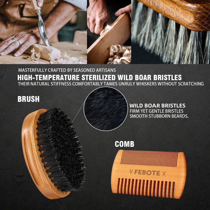 FEBOTE Innovation Beard&Hair Straightener for Men w/Natural Boar Bristle Brush, Pear Wood Comb, Mustache Scissors and Travel Bag, Professional Beard Care Set for Him, Men's Fashion and Grooming Gifts