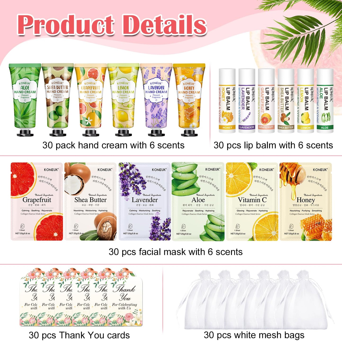 KONEUK 30 Pack Bulk Facial Mask, Bulk Hand Cream and Bulk Lip Balm Sets, Thank You Gifts, Teacher Appreciation Gifts, Wedding Favors and Bridal Shower Favors, Birthday Gifts for Guests
