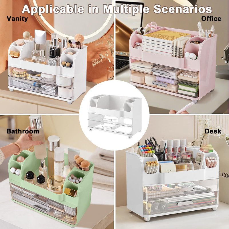 DASITON Large Capacity Makeup Organizer for Vanity with 2 Drawers, Skincare Organizers with Makeup Brush Holder, Cosmetic Display Case for Dresser Vanity Bathroom Countertop (White)