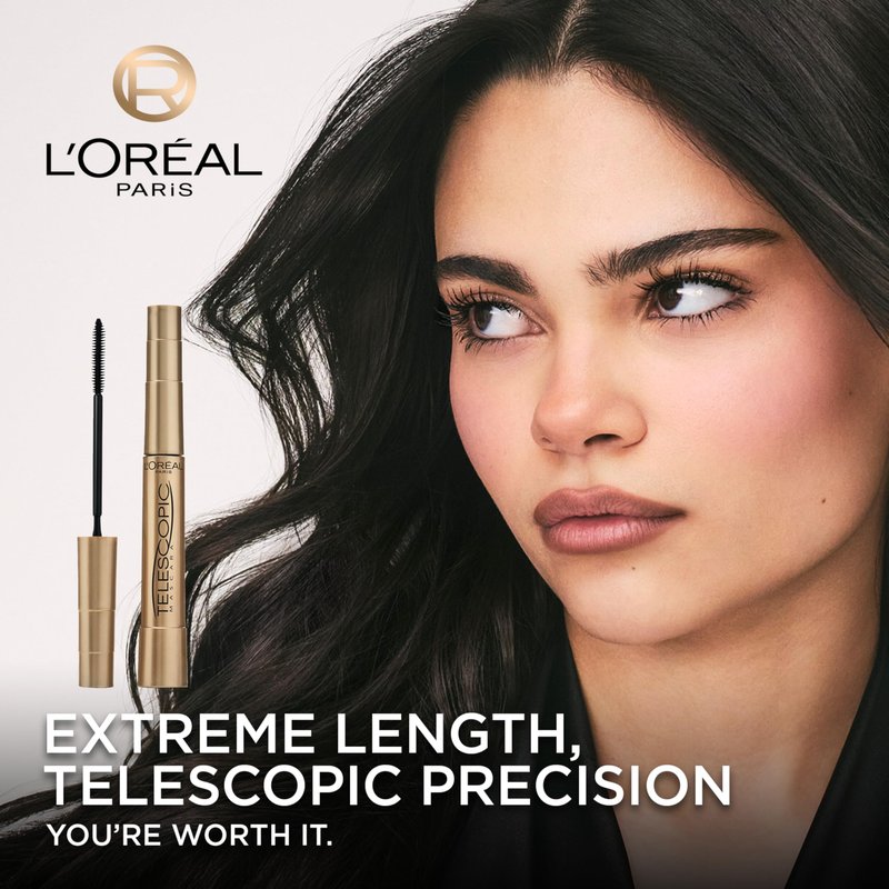 L’Oreal Paris Makeup Original Telescopic Mascara, Separating Mascara Volume and Length Formula, Washable, Blackest Black, 0.27 Fl Oz., 1 Count