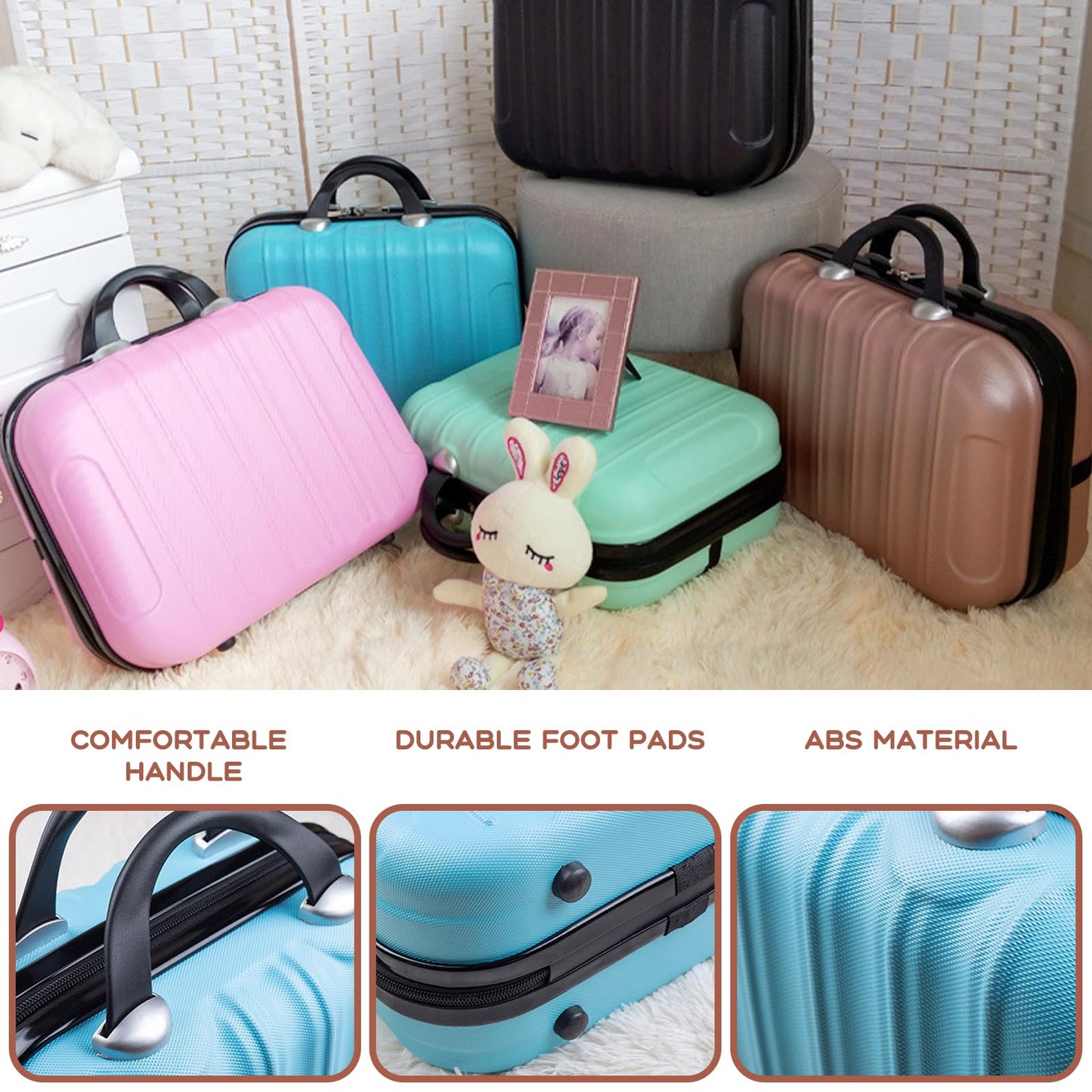 HAHONIA 14inch Hard Shell Vanity Cases with Elastic Band and Zipper, 10L Portable Waterproof ABS Beauty Case, Cosmetic Case for Women Girl