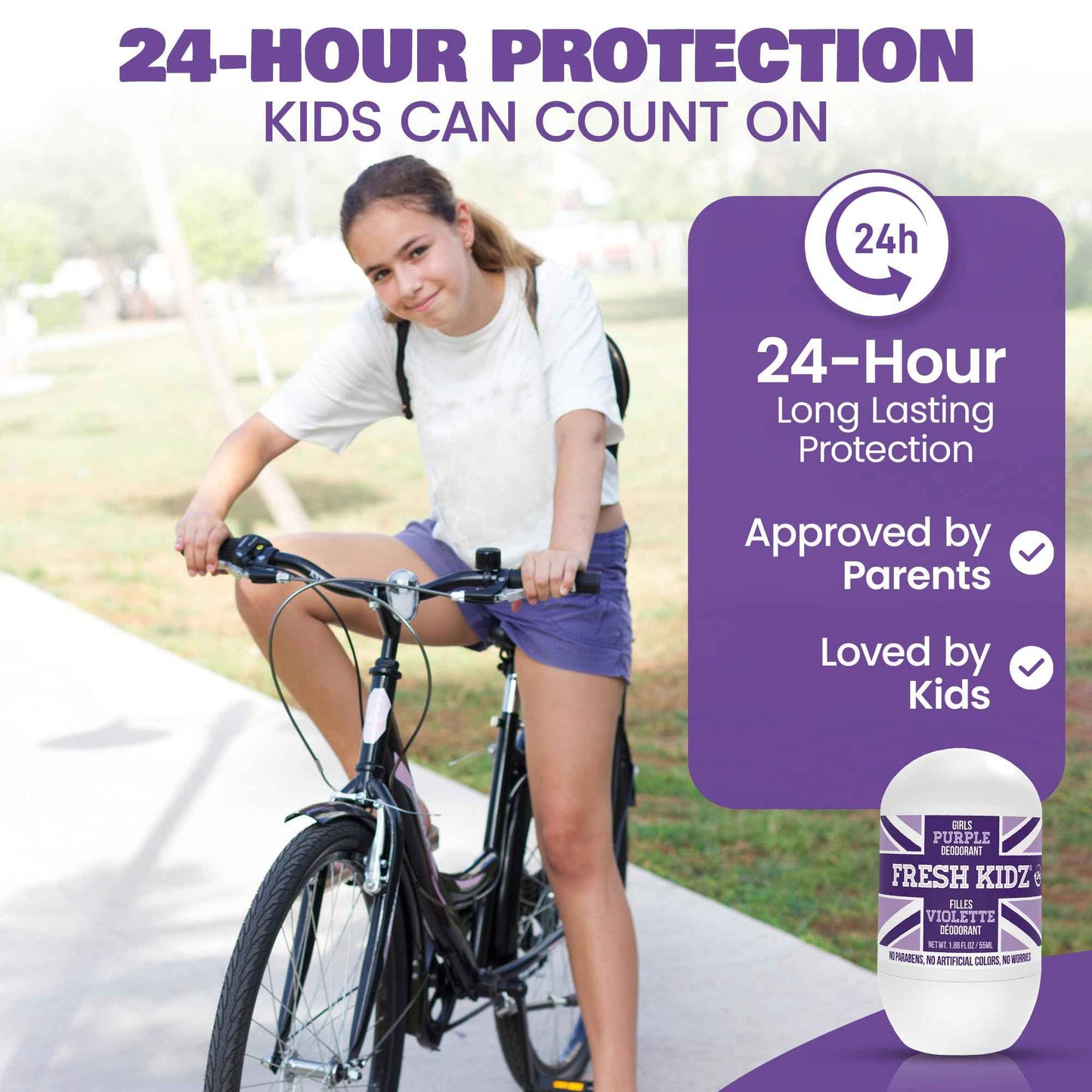 Fresh Kidz Roll On Deodorant for Kids and Teens - Baking Soda and Aluminum-free 24 Hour Protection for Sensitive Skin - Girls "Purple" 1.86 fl.oz. (2 Pack)